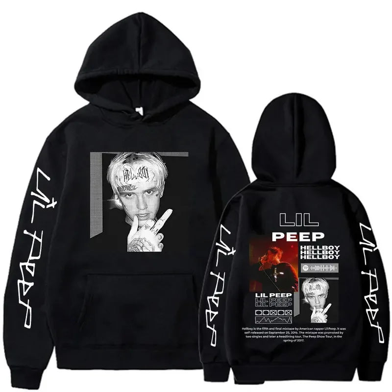 Black rapper lil peep hoodie with white graphic print front and back and peep hoodies hellboy sleeve lettering for women clothing aesthetic