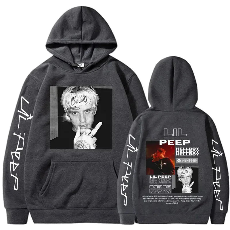 Dark gray rapper lil peep hoodie with black and white front graphic and white lil peep print on sleeves for women clothing aesthetic