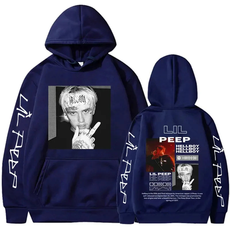 Navy blue rapper lil peep hoodie with black and white graphic front and album cover back for women clothing aesthetic