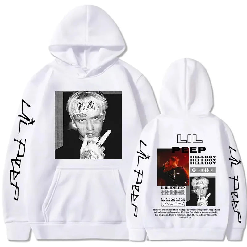 White hoodie featuring black graphic prints of rapper lil peep and album art with lil peep lettering on sleeves for women clothing aesthetic
