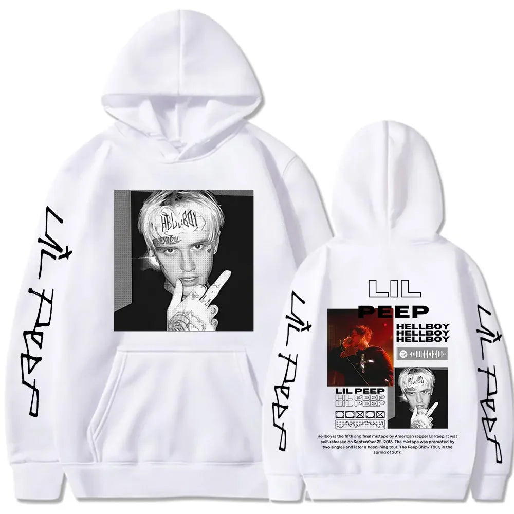 White hoodie with black rapper lil peep graphic prints and lettering on sleeves for women clothing aesthetic casual wear