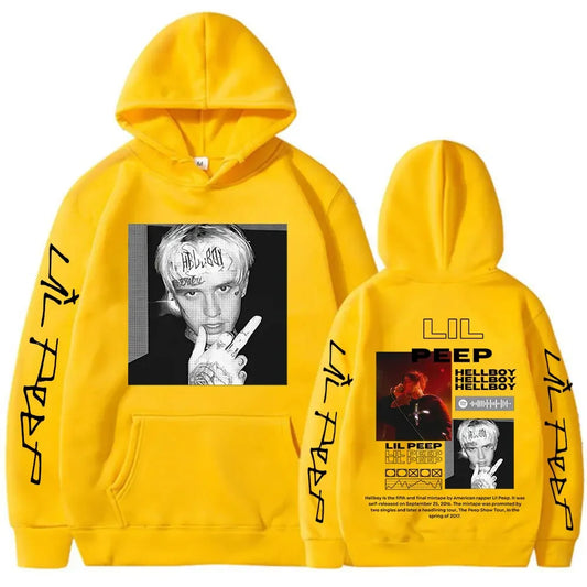 Bright yellow rapper lil peep hoodie with black and white portrait front and hellboy album art graphic back for women clothing aesthetic