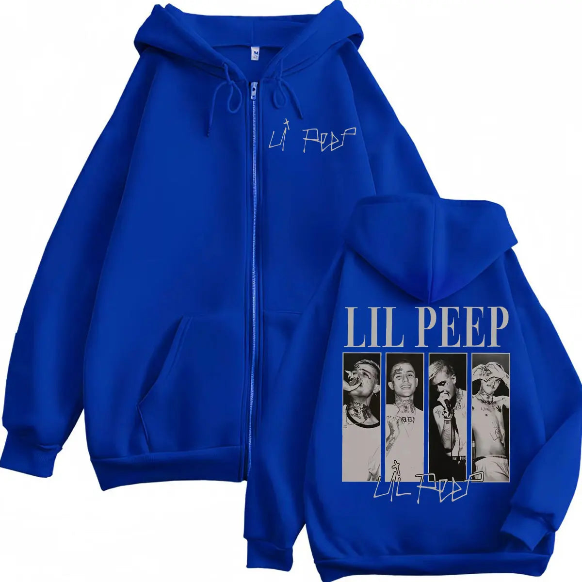 Royal blue rapper lil peep zip-up hoodie featuring graphic print and white signature for hip hop vintage style fans
