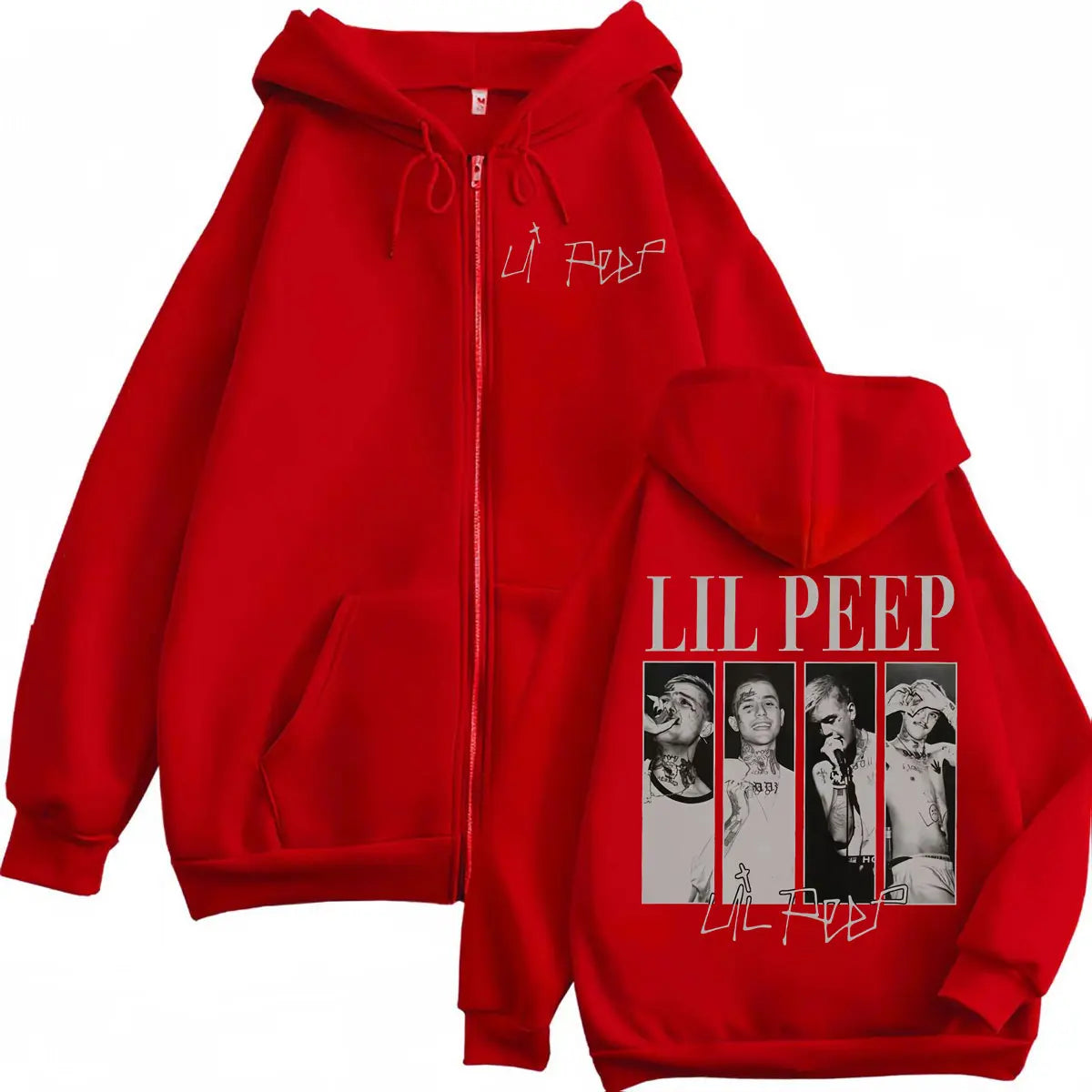 Red zip-up hoodie with rapper lil peep graphic, four black-and-white photos, and signature, hip hop vintage style peep merch zipper