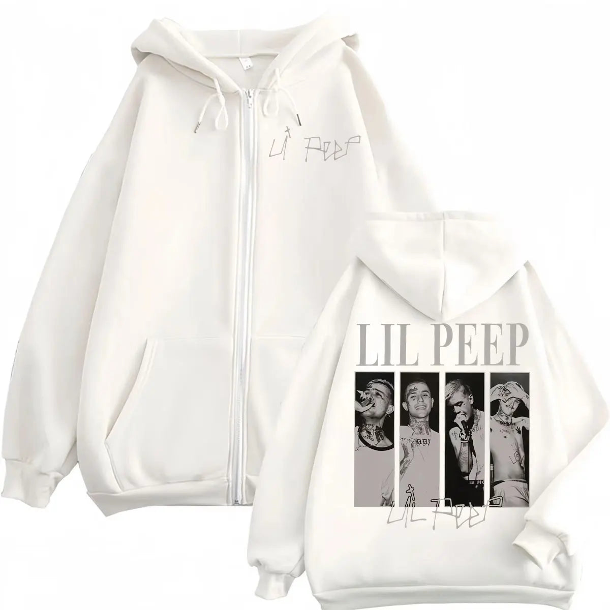 White zip up hoodie showing rapper lil peep graphic print on back and signature on front for hip hop vintage style