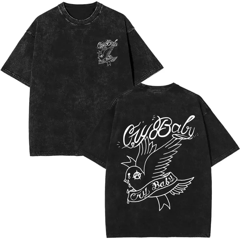 Black oversized t-shirt with white cry baby bird graphic for rapper lil peep album bear crybaby women hip hop streetwear