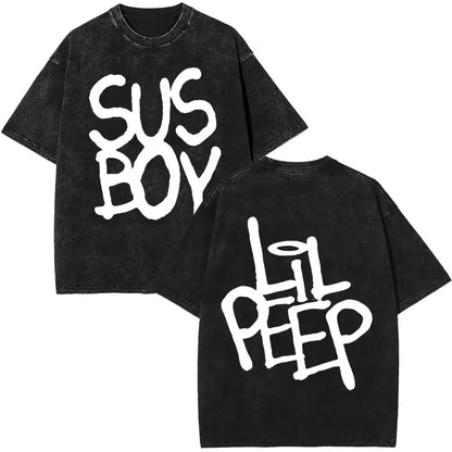 Black oversized t shirt with white graffiti style sus boy and lil peep lettering for rapper lil peep fans women hip hop streetwear