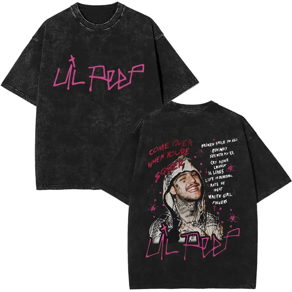 Black distressed cotton t-shirt back featuring pink graffiti text and rapper lil peep album bear crybaby for women hip hop