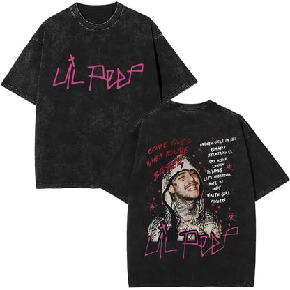 Black distressed cotton t-shirt back featuring pink graffiti text and rapper lil peep album bear crybaby for women hip hop