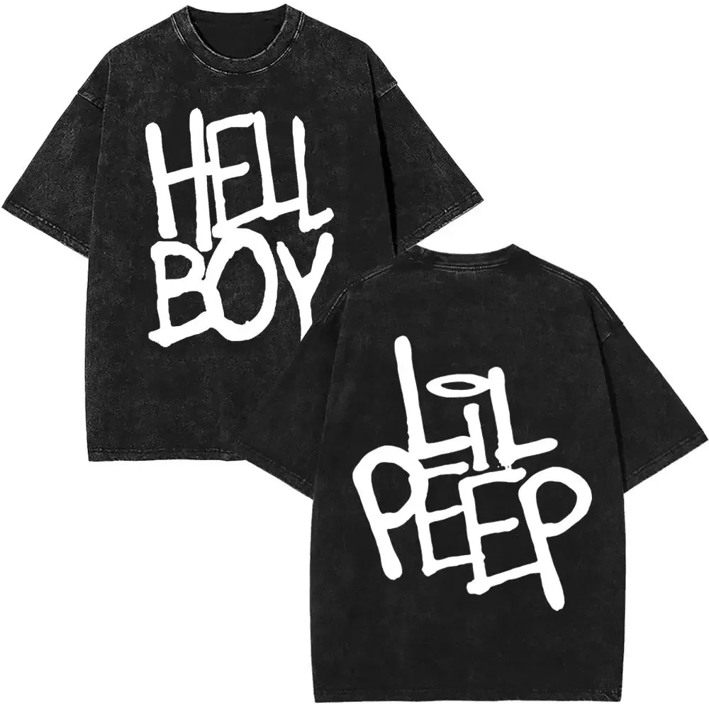 Black oversized distressed t shirt with white graffiti lettering hell boy front and lil peep back for women hip hop fans