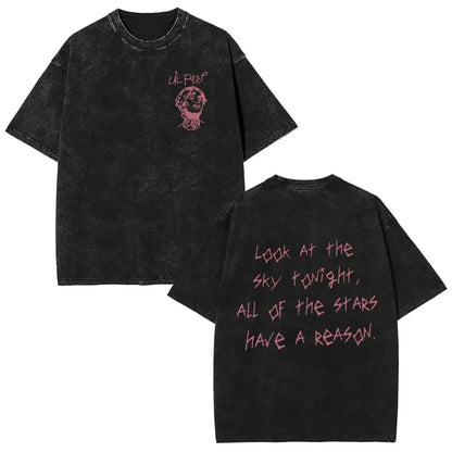 Black oversized t-shirt with faded texture and pink lil peep portrait featuring album bear crybaby design for women hip hop fans
