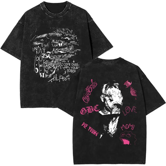 Black oversized t-shirt with distressed texture and lil peep album bear crybaby graphic print for women hip hop fans