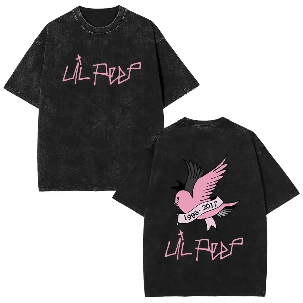 Black distressed cotton t-shirt back with pink lil peep script bird graphic and 1996-2017 for rapper lil peep fans