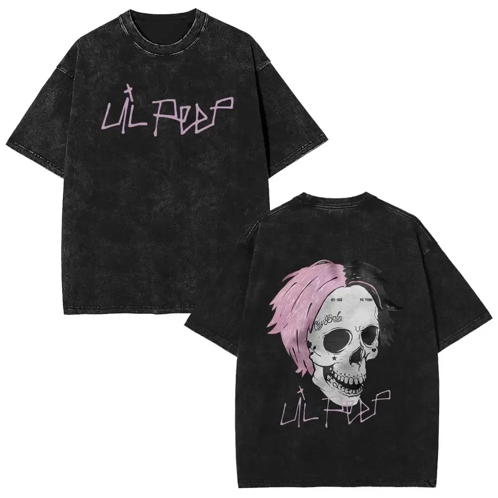 Black distressed cotton t shirt with pink haired skull graphic and lil peep signature for women hip hop fans