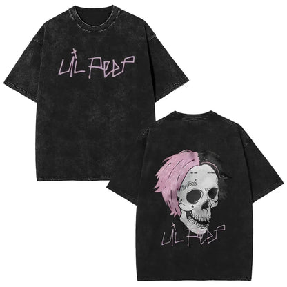 Black distressed cotton t shirt with pink haired skull graphic and lil peep signature for women hip hop fans