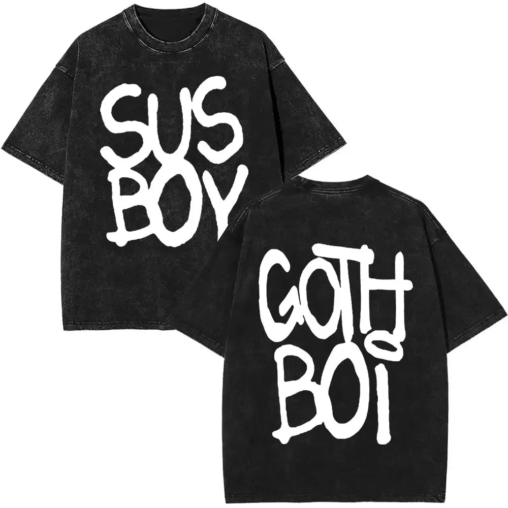 Black oversized t-shirt with faded texture and white graffiti lettering for rapper lil peep album bear crybaby women hip hop