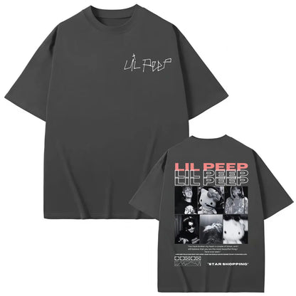 Dark gray oversized cotton t shirt with rapper lil peep script front and hellboy crybaby hip collage on back side