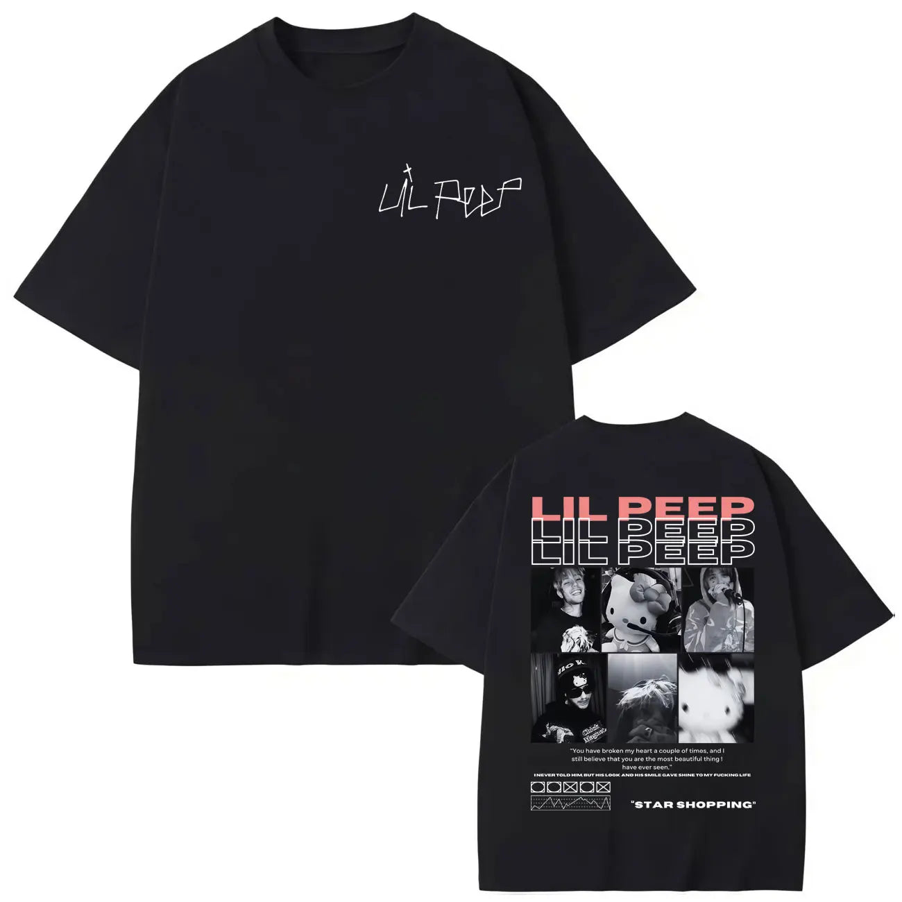 Black oversized cotton t-shirt featuring rapper lil peep script front and hellboy crybaby hip collage back design