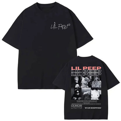 Black oversized cotton t-shirt featuring rapper lil peep script front and hellboy crybaby hip collage back design