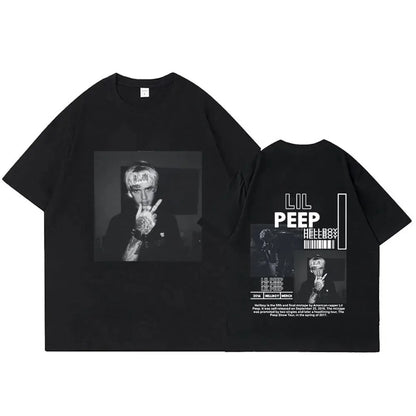 Black oversized cotton t-shirt featuring rapper lil peep graphic front and hellboy crybaby hip tour details back print
