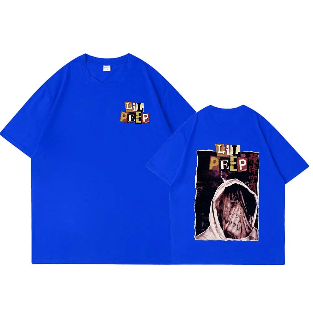 Bright blue oversized cotton shirt featuring rapper lil peep graphic print on the back and name on the front