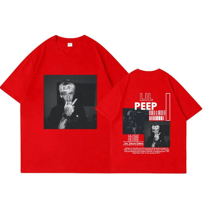Red oversized cotton t-shirt featuring black-and-white rapper lil peep hellboy crybaby hip hop graphics front and back