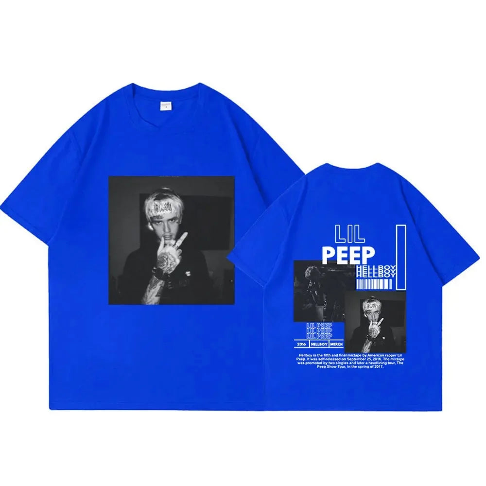 Bright blue oversized cotton t-shirt featuring rapper lil peep graphic and hellboy crybaby hip hop design