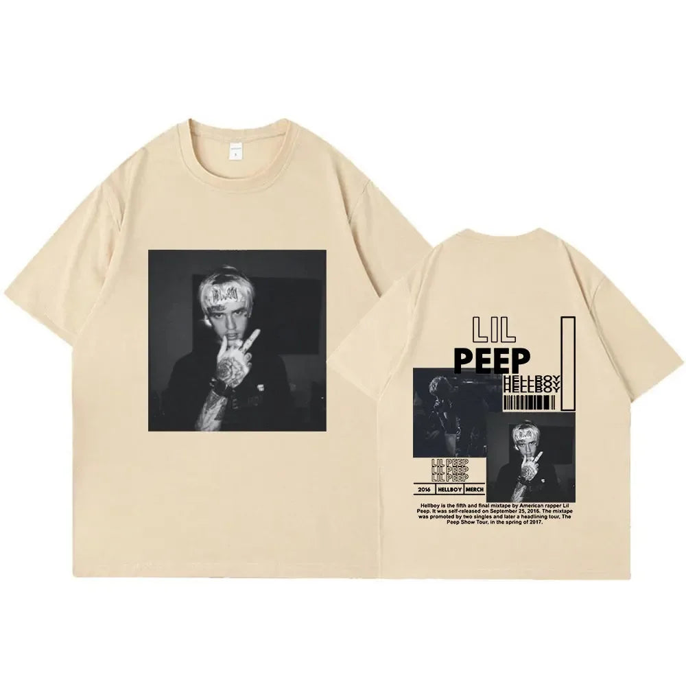 Beige oversized cotton shirt featuring rapper lil peep black and white graphic prints with hellboy crybaby hip text design