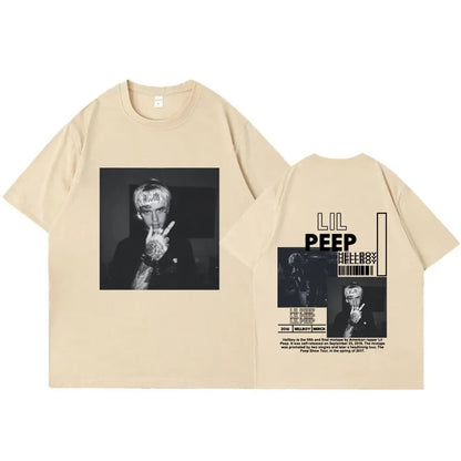Beige oversized cotton shirt featuring rapper lil peep black and white graphic prints with hellboy crybaby hip text design