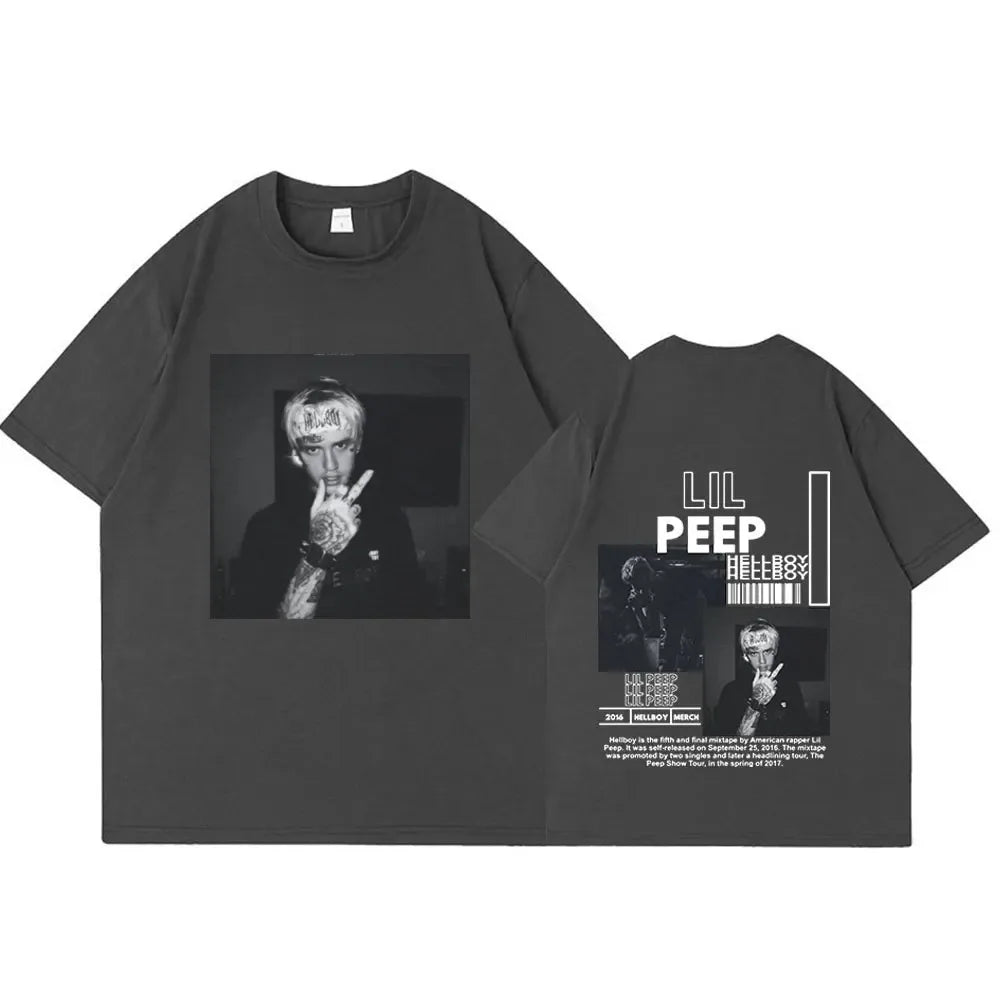 Dark gray oversized cotton shirt featuring rapper lil peep graphic front and hellboy crybaby hip text on back