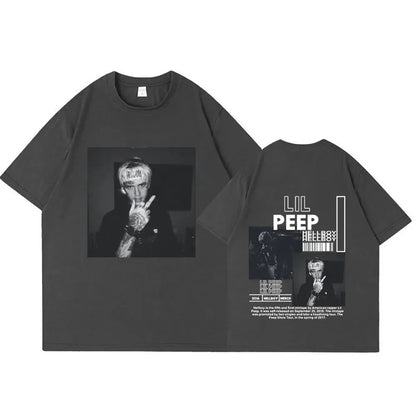 Dark gray oversized cotton shirt featuring rapper lil peep graphic front and hellboy crybaby hip text on back