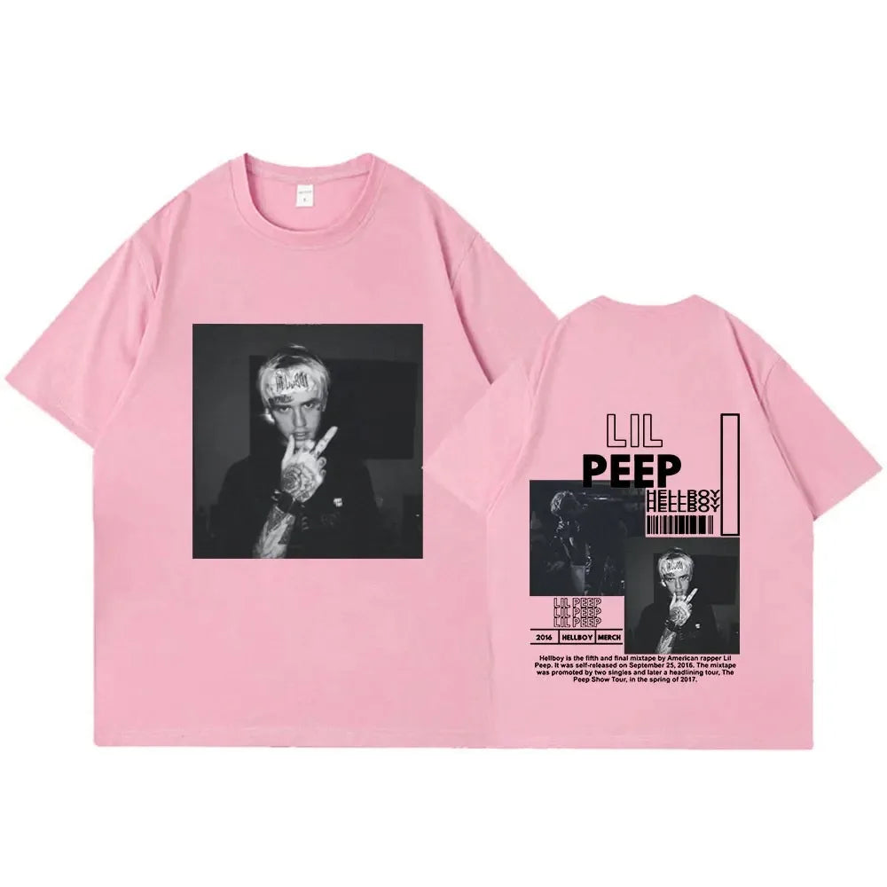 Pink oversized cotton t-shirt featuring rapper lil peep black and white photo front and hellboy crybaby hip album art back