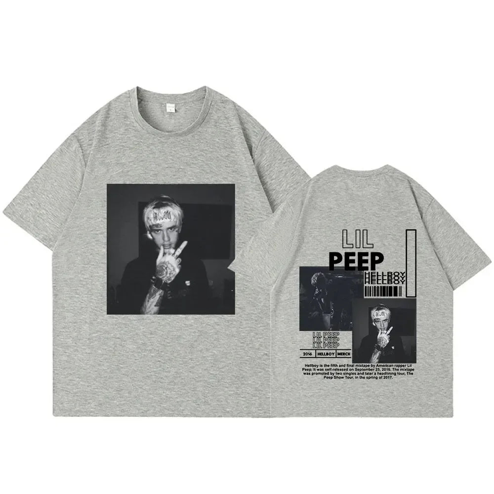 Gray heathered oversized cotton t-shirt with black and white rapper lil peep graphic and hellboy crybaby hip text front and back