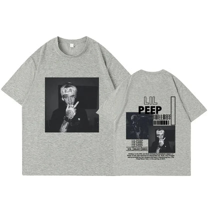 Gray heathered oversized cotton t-shirt with black and white rapper lil peep graphic and hellboy crybaby hip text front and back