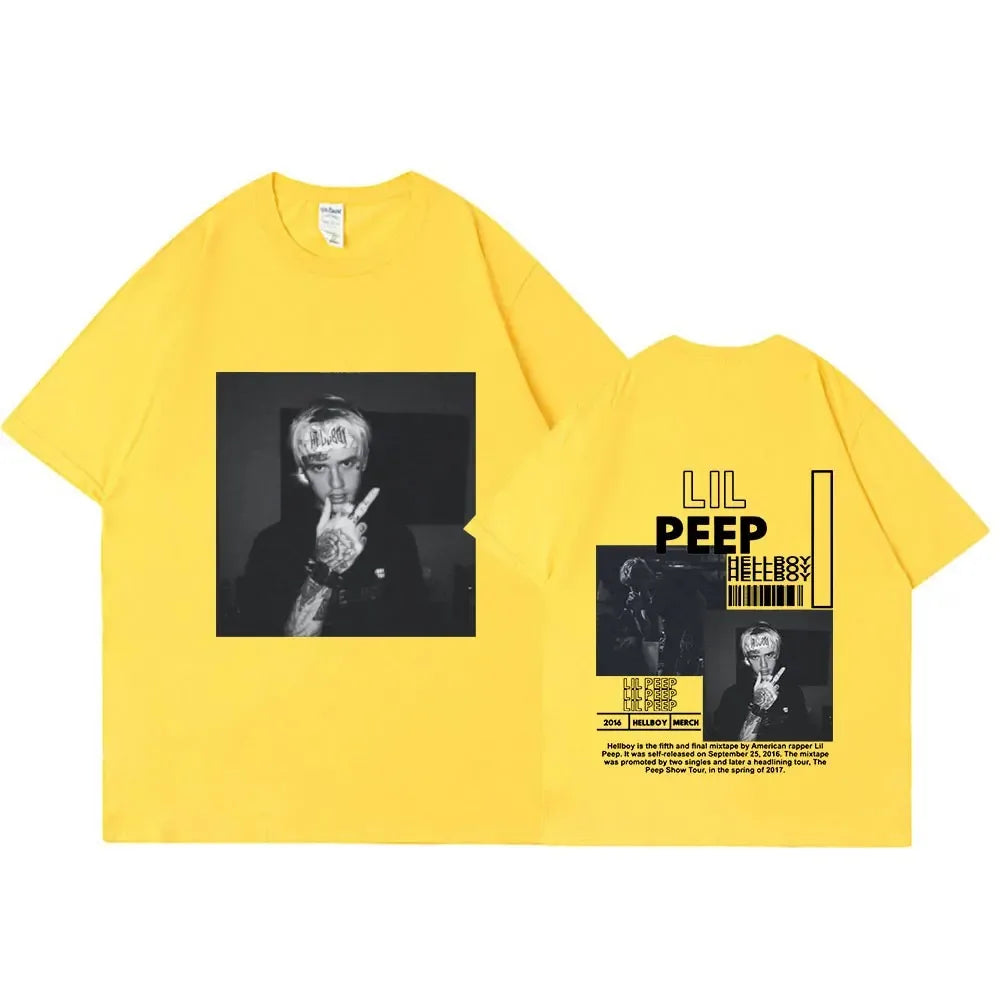 Bright yellow oversized cotton t shirt featuring rapper lil peep graphic and hellboy crybaby hip album artwork on back