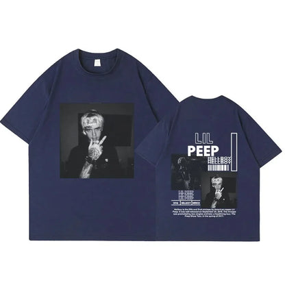 Navy blue oversized cotton shirt featuring black and white rapper lil peep hellboy crybaby hip hop graphic design front and back
