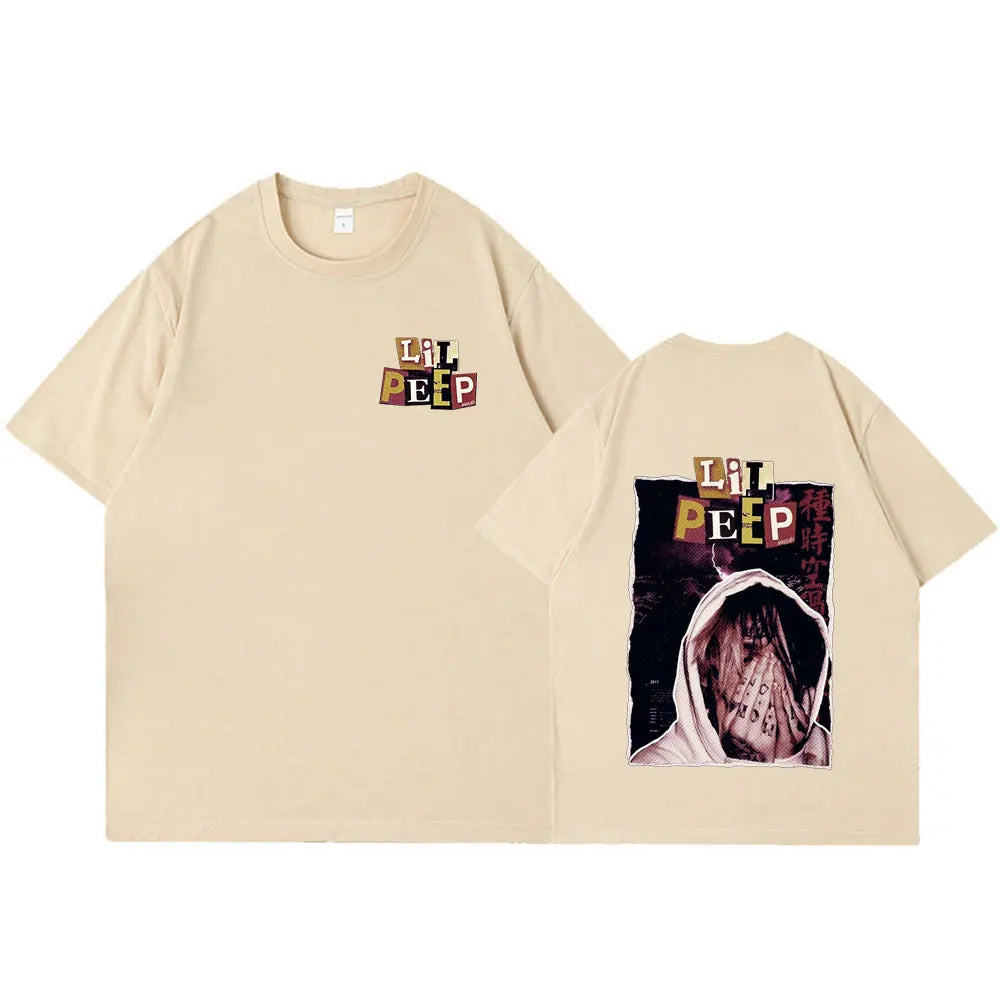 Beige oversized cotton t-shirt with colorful rapper lil peep graphic front and detailed hellboy crybaby hip back design