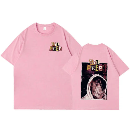 Pink oversized cotton t-shirt featuring rapper lil peep graphic with colorful hellboy crybaby hip design on the back
