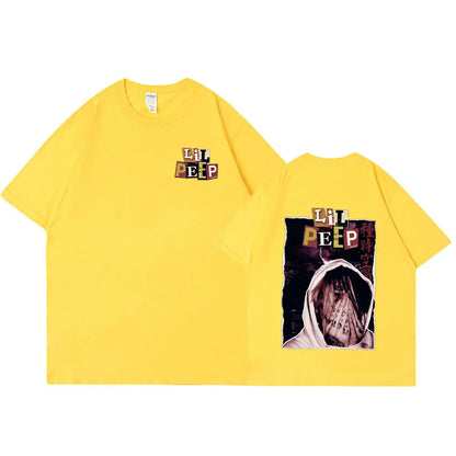 Bright yellow oversized cotton t-shirt featuring rapper lil peep graphic print on the back and hellboy crybaby hip text front