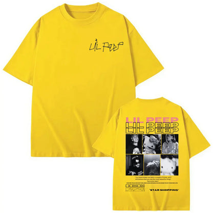 Bright yellow oversized cotton shirt with rapper lil peep cursive front and hellboy crybaby hip collage back design