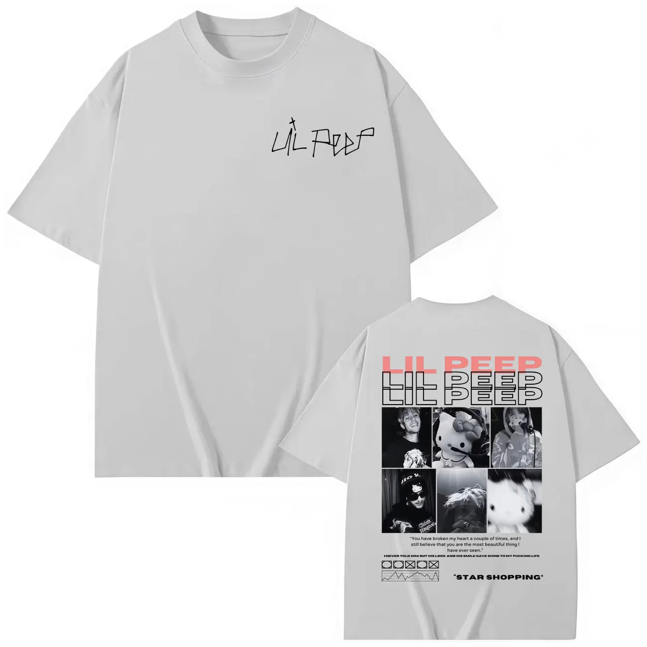 White oversized cotton t-shirt featuring rapper lil peep hellboy crybaby hip hop collage design on the back