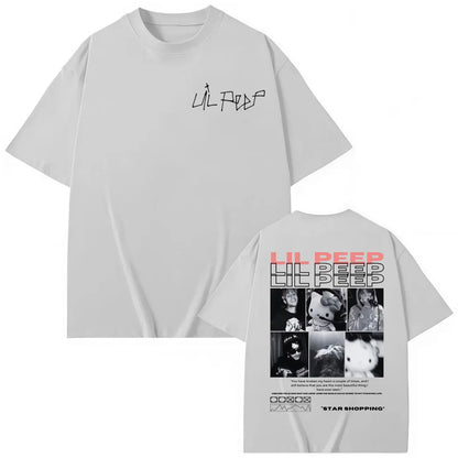 White oversized cotton t-shirt featuring rapper lil peep hellboy crybaby hip hop collage design on the back