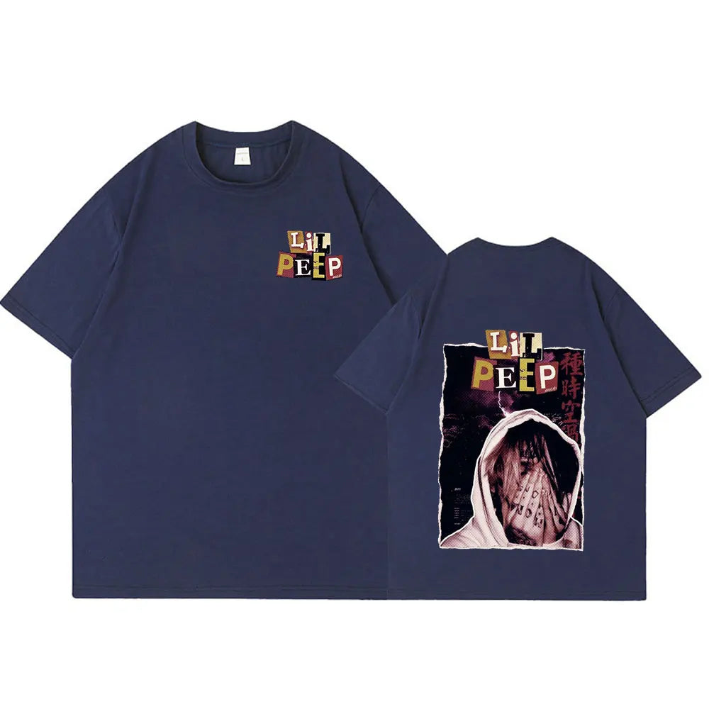 Navy blue oversized cotton t-shirt featuring rapper lil peep graphic print and hellboy crybaby hip design on front and back
