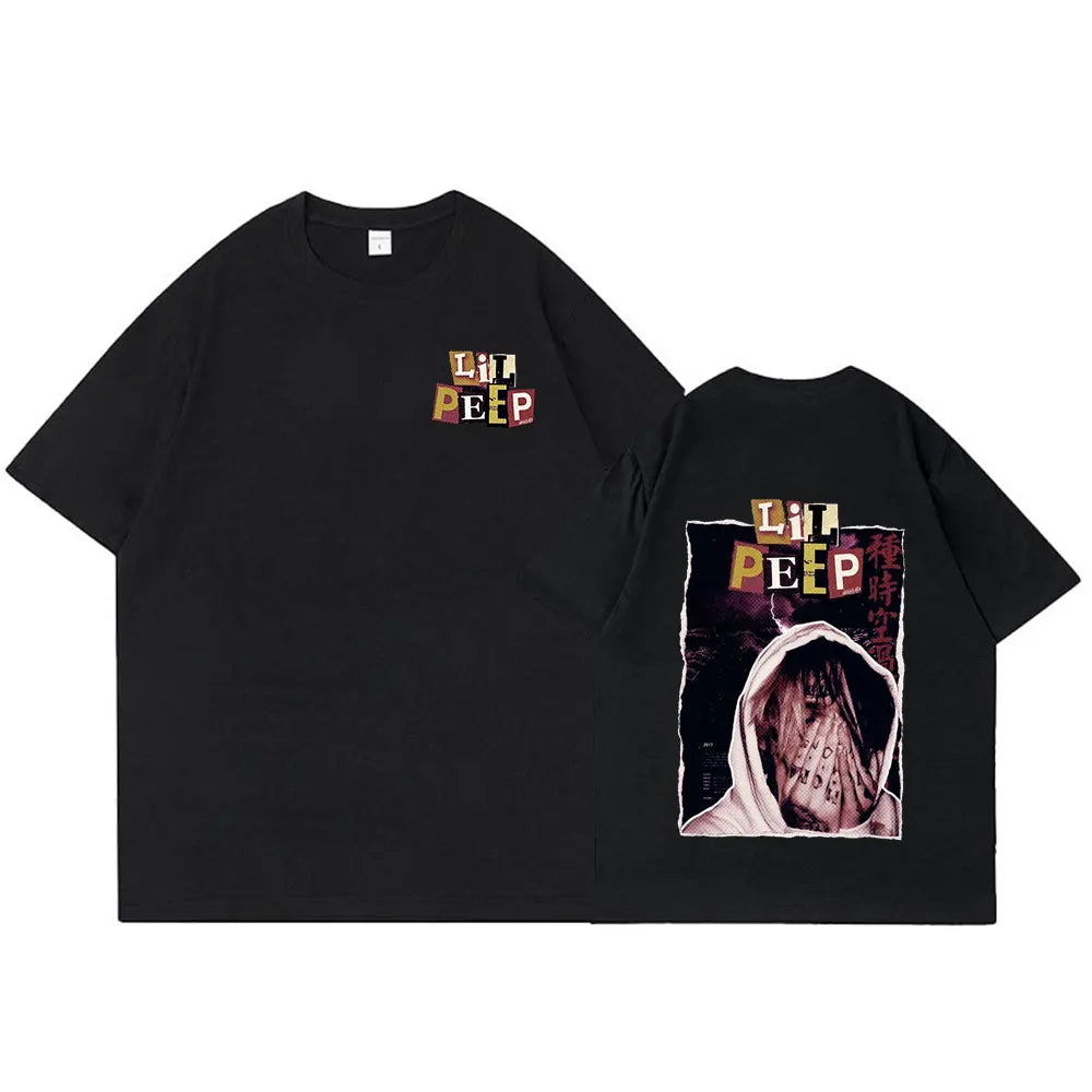 Black oversized cotton shirt featuring rapper lil peep graphic print on back and colorful name on front for hip hop fans