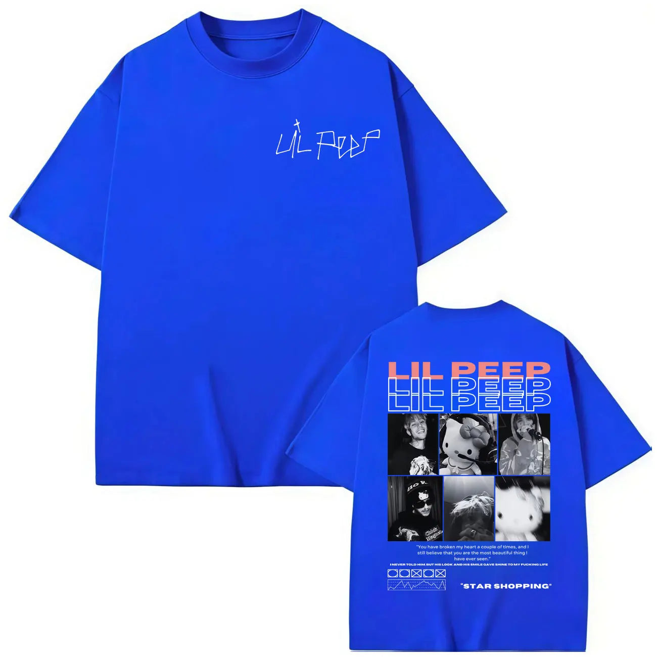Bright blue oversized cotton shirt featuring rapper lil peep hellboy crybaby hip hop collage design on the back