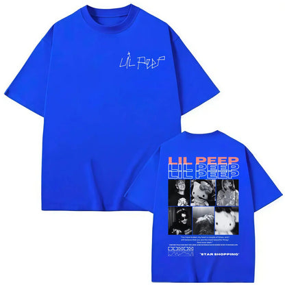 Bright blue oversized cotton shirt featuring rapper lil peep hellboy crybaby hip hop collage design on the back