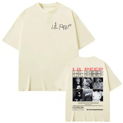 Cream-colored oversized cotton shirt featuring rapper lil peep minimalist script front and hello kitty hip hop graphic back