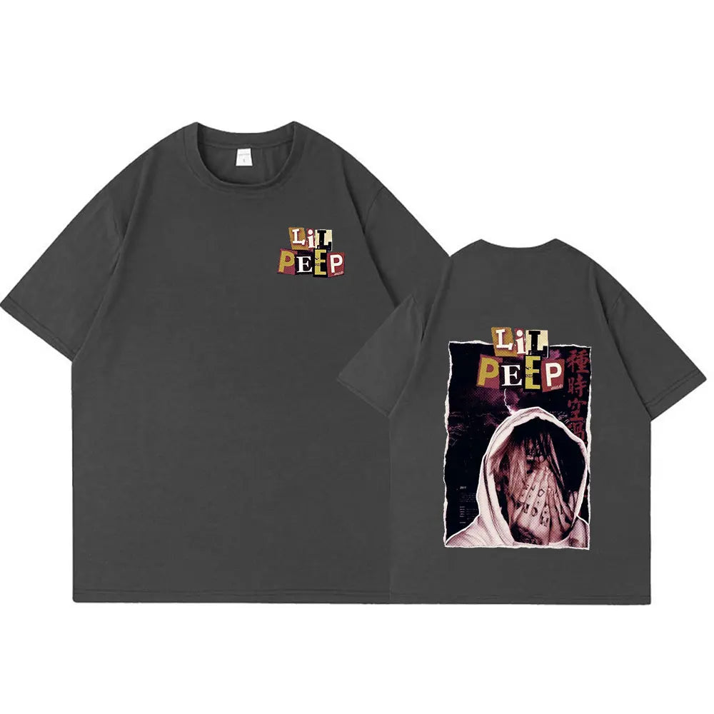 Dark gray oversized cotton t-shirt with rapper lil peep graphic print on back and colorful name on front for hip hop style
