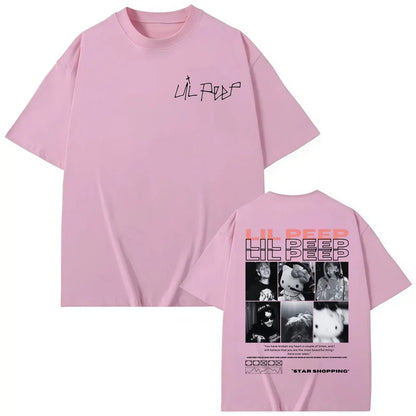 Pink oversized cotton t-shirt featuring rapper lil peep hellboy crybaby hip hop collage design on the back
