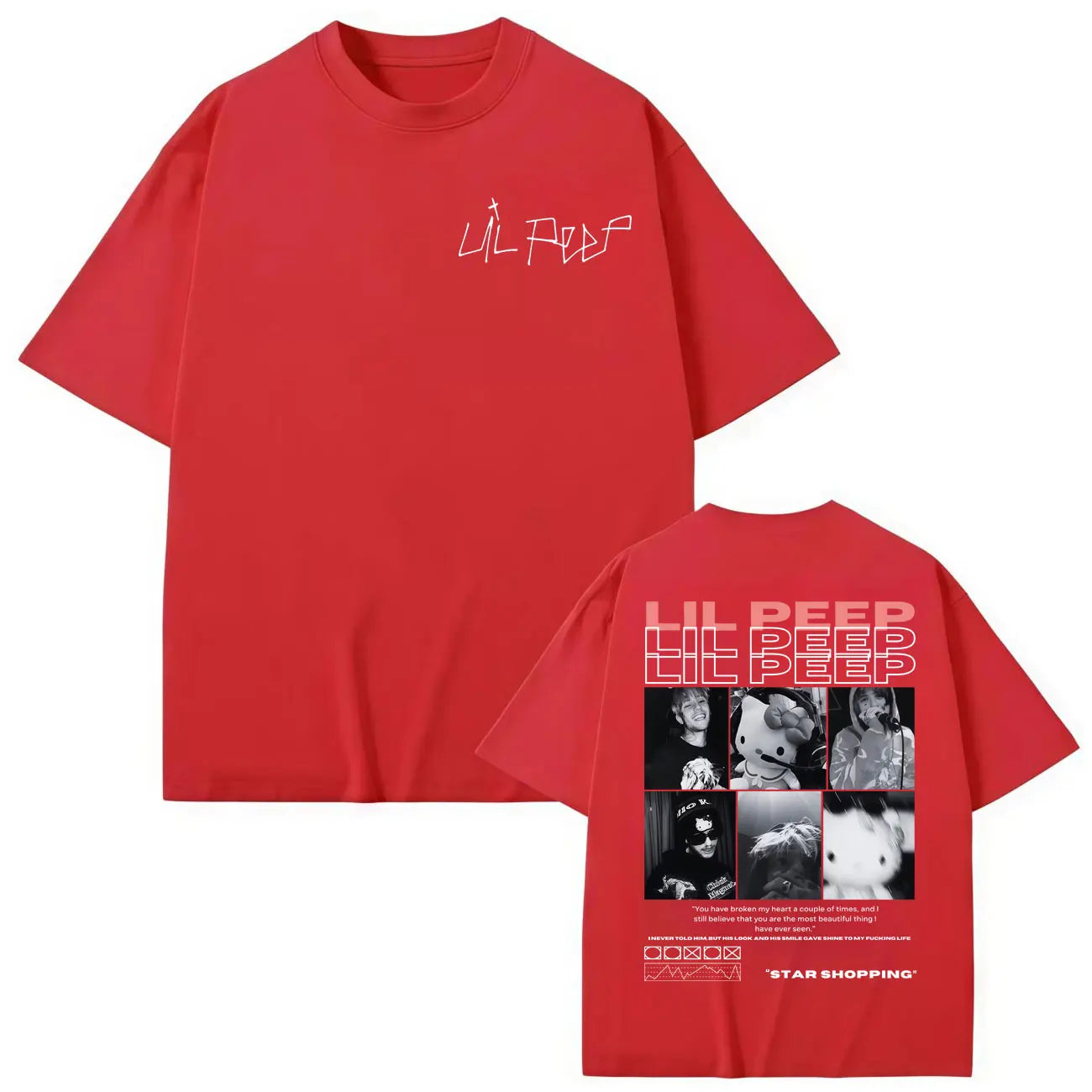 Red oversized cotton t-shirt featuring rapper lil peep branding and a hellboy crybaby hip collage design on the back